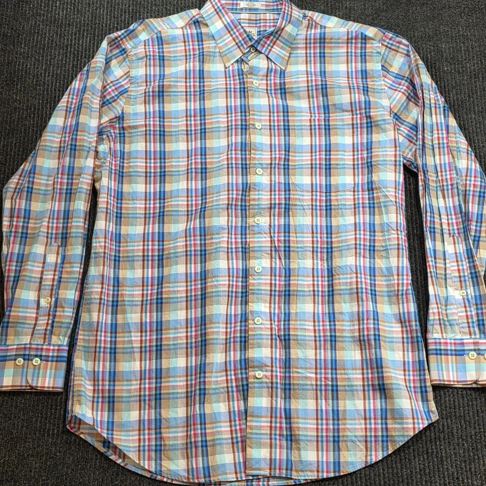 Peter Millar Plaid Button Down Mens Large Multi Color Excellent Hidden Collar